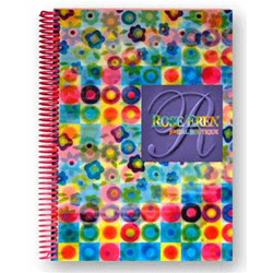 Lenticular notebook with custom design, multicolored circles, stars, squares, and flowers, flip