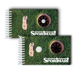 Lenticular mini notebook with PGA putter hits golf ball into hole, animation