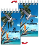 Lenticular mini notebook with white seagull swoops past a palm tree, bird of paradise, and cruise ship on a tropical Hawaiian beach