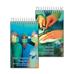 Lenticular mini notebook with three surgeons in hospital, surgery in progress with scalpel, flip