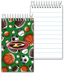 Lenticular mini notebook with baseballs, soccer balls, futbols, basketballs, and American footballs, depth