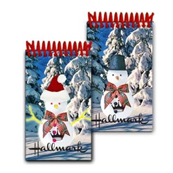 Lenticular mini notebook with Frosty the snowman switches from a top hat to a Santa Claus hat, flip