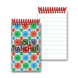 Lenticular mini notebook with red, blue, and green spinning wheels, white background, animation