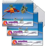Lenticular photo album with palm trees, umbrella, and lawn chair appear on a tropical Hawaiian beach, flip
