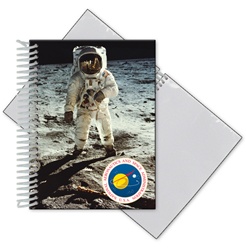 Lenticular photo album with NASA explorer astronaut stands on grey dusty Moon in outer space, depth