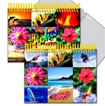 Lenticular photo album with colorful pictures of tropical Hawaiian sunsets, flowers, ocean, sail boats, and sea life, flip