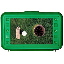 Lenticular pencil box with custom design, green hard plastic, PGA golfer putting a ball into a hole for birdie, animation