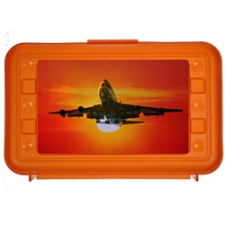 Lenticular pencil box with custom design, orange hard plastic, jumbo jet airplane taking off in front of an orange tropical Hawaiian sunset, depth