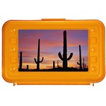 Lenticular pencil box with custom design, yellow hard plastic, Siguqaro cactii growing in the blistering Arizona summer desert, depth