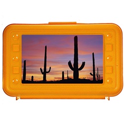 Lenticular pencil box with custom design, yellow hard plastic, Siguqaro cactii growing in the blistering Arizona summer desert, depth