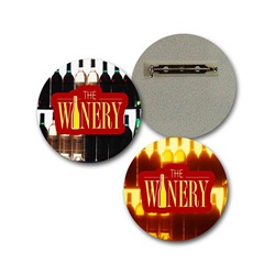 Lenticular Lapel Pin with custom design, The Winery, bottles light up in the background, flip