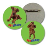 Lenticular lapel pin with custom design, Petsmart, brown shaggy dog tilts its head in front of a green background, flip