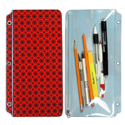 Lenticular pencil pouch with red spinning wheels on white background, animation