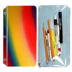 Lenticular pencil pouch with red, yellow, blue, and green, color changing