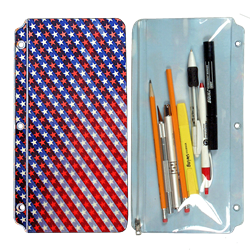 Lenticular pencil pouch with American flag stars and stripes, red, white, and blue, color changing flip