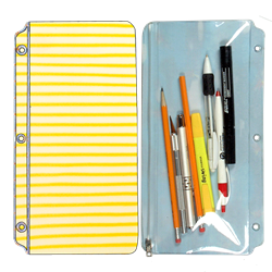 Lenticular pencil pouch with yellow and white stripes, animation