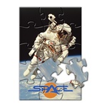 Lenticular jigsaw puzzle with NASA astronaut floats in Earth orbit with a satellite and the Moon, depth