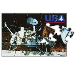 Lenticular jigsaw puzzle with NASA spacecraft sits on Moon's surface, samples for alien life and water, depth