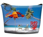Lenticular zipper purse with palm trees, umbrella, and lawn chair appear on a tropical Hawaiian beach, flip