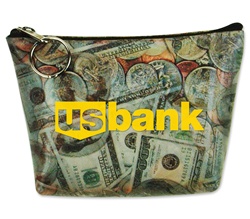 Lenticular zipper purse with United States of America USA money, currency, dollars and coins, flip