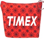 Lenticular zipper purse with black spinning wheels on red background, animation