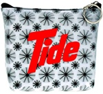 Lenticular zipper purse with black spinning wheels on white background, animation