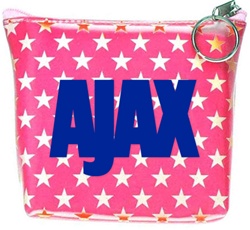 Lenticular zipper purse with white and red stars on a pink background, color changing flip