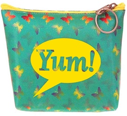 Lenticular zipper purse with yellow, red, and green butterflies on a green background, color changing flip