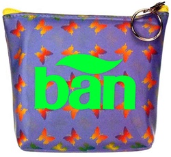 Lenticular zipper purse with rainbow butterflies on a purple background, color changing flip