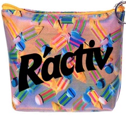 Lenticular zipper purse with multicolored pencils on a pink and purple background, depth