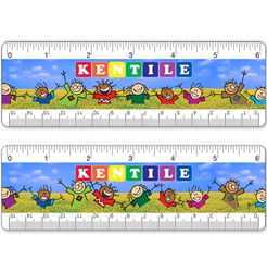 6 inch Lenticular ruler with happy colorful children dancing in a grass field, waving their arms in the air, animation
