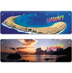 Lenticular ruler with tropical Hawaiian Molokini Island, near Maui, sunset and helicopter aerial view