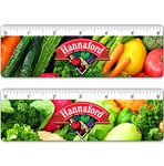 Lenticular ruler with potpurri of grocery vegetables such as carrots, tomatoes, lettuce, cabbage, celery, and peppers, flip