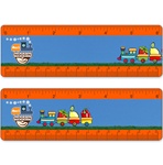 Lenticular Ruler with a toy train carrying strawberries, apples, and other fruit. Example of Lenticular animation effect.
