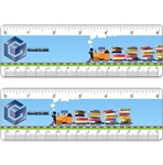 Lenticular 6" ruler with children's toy train carrying many stacks of books, driving across the track.