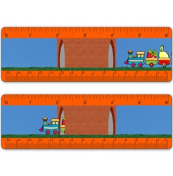 Lenticular ruler with childrens toy train carrying strawberries, apples, and other fruit, drives across track through a brick tunnel, animation