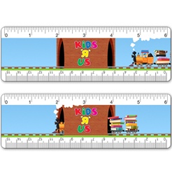 Lenticular ruler with childrens toy train carrying many stacks of school and college books, drives across track through a tunnel, animation