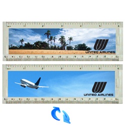 Lenticular acrylic ruler with United Airlines jumbo jet airplane takes off from tropical Hawaiian paradise, amidst palm trees and blue sky, flip