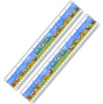 Lenticular 12 inch ruler with happy colorful children dancing in a grass field, waving their arms in the air, animation