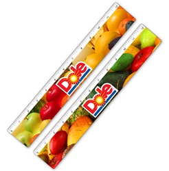 Lenticular ruler with potpurri of grocery fruits such as apples, avacados, oranges, papaya, and bananas, flip