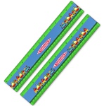 Lenticular ruler with childrens toy train carrying strawberries, apples, and other fruit, drives across track, animation