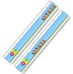 Lenticular 12" ruler with children's toy train carrying many stacks of books, driving across the track.