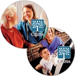 Lenticular sticker with custom design, Cigna medical company, granny and a mother's child get a doctor check up, flip