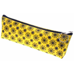 Lenticular pencil case 8.5” x 3” x 1” with black spinning wheels on yellow background