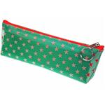 Lenticular pencil case with white and red stars on a green background, color changing flip