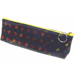 Lenticular pencil case with yellow, red, and green butterflies on a black background, color changing flip