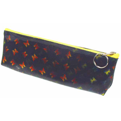 Lenticular pencil case with yellow, red, and green butterflies on a black background, color changing flip