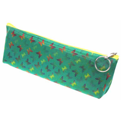 Lenticular pencil case with yellow, red, and green butterflies on a green background, color changing flip