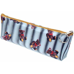 Lenticular pencil case with teddy bears on a black and white striped background, depth