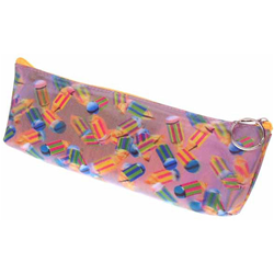 Lenticular pencil case with multicolored pencils on a pink and purple background, depth